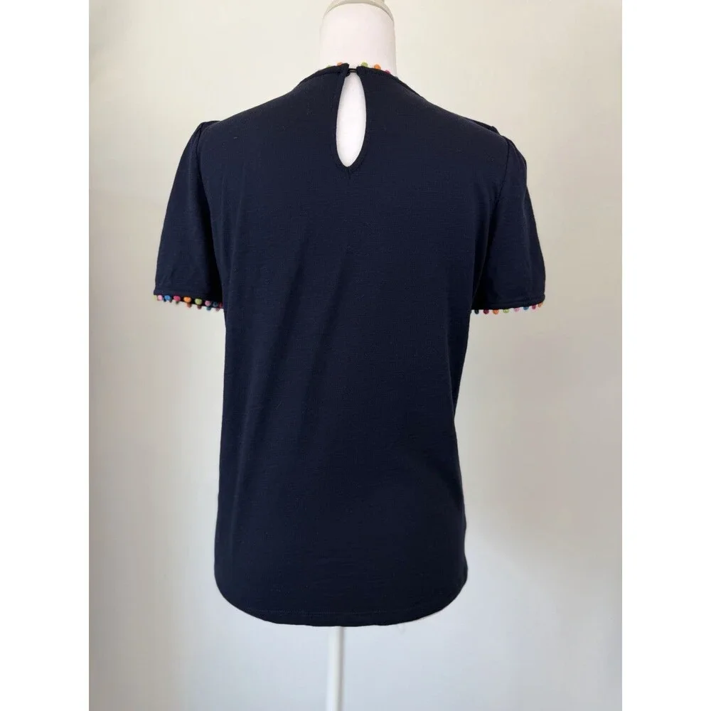 Boden Womens Size 2 Navy Pom Pom Trim Puff Sleeve T Shirt Top Colorful Casual